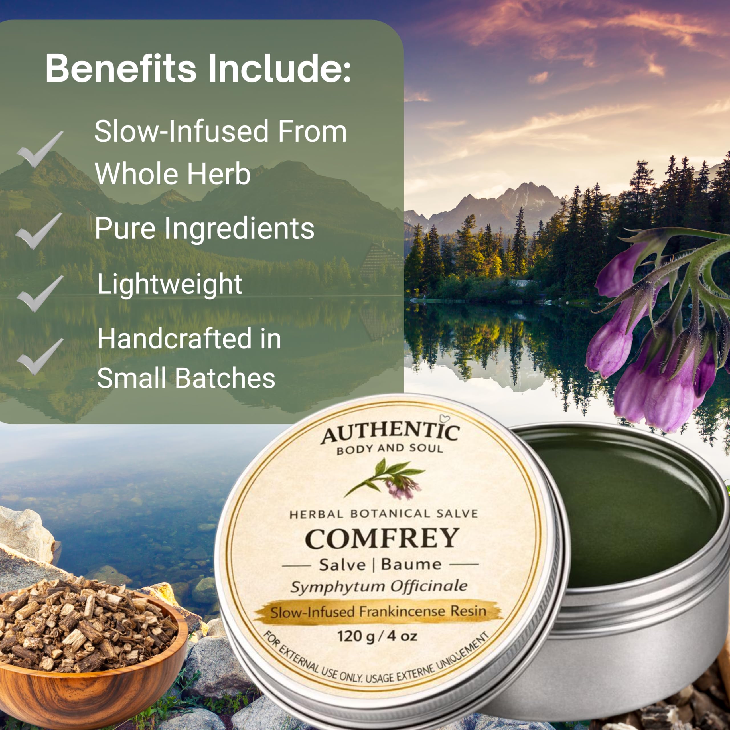 Comfrey Salve, Comfrey Leaf & Root Oil Balm, Melissa, Jojoba, Castor Oil & Infused Frankincense Resin | Alberta Organic Unrefined Beeswax, Herbal Botanicals | 4 oz, by Authentic Body And Soul - 4