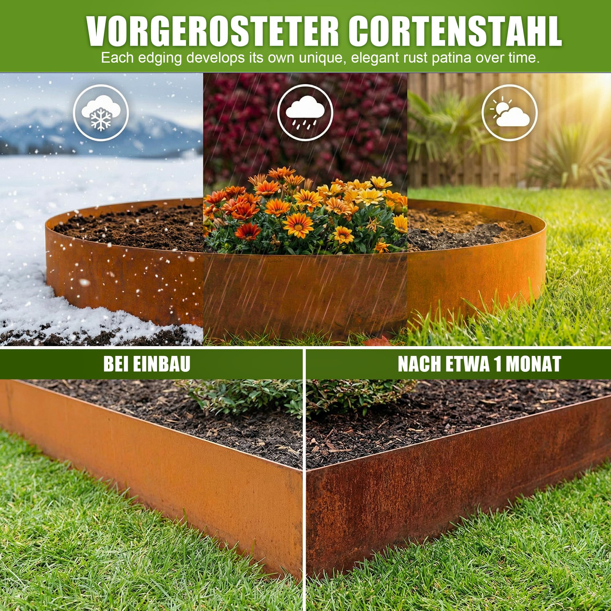 Enhon Borde de césped de Acero Corten, 10 m, Borde de Metal para parterres, 15,5 cm de Alto, Flexible y cortable; para diseño de Jardines, Bordes de césped, parterres, Caminos de Grava