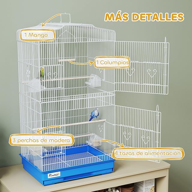 Foto 5 de 8 de PawHut Jaula para Pájaros con Puertas 4 Comederos 46,5x35,5x92 cm Azul