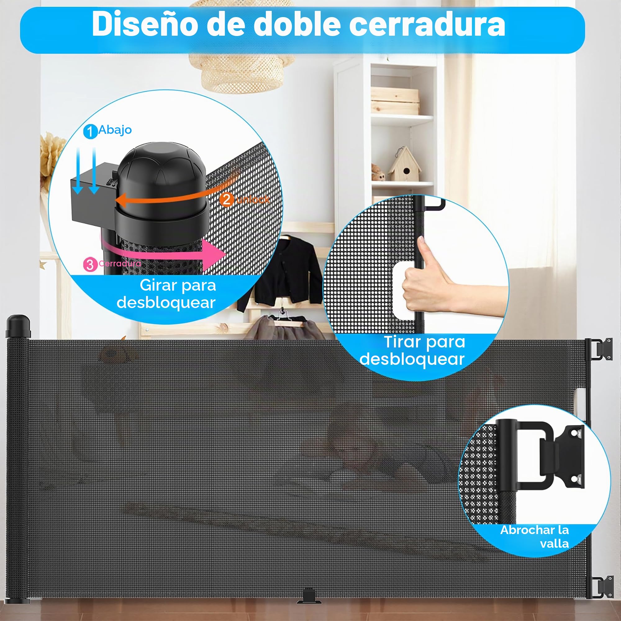 NAIZY - Barrera de protección de puerta enrollable de 0 a 300 cm, para bebé y perro, extensible para interior y exterior, color negro, LMZJ-HAG1394B