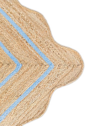 Miniatura 4 de Alfombra ondulada de yute natural festoneada, alfombra de yute bohemio para entrada, alfombra de pasillo de granja, alfombra de vieira color azul