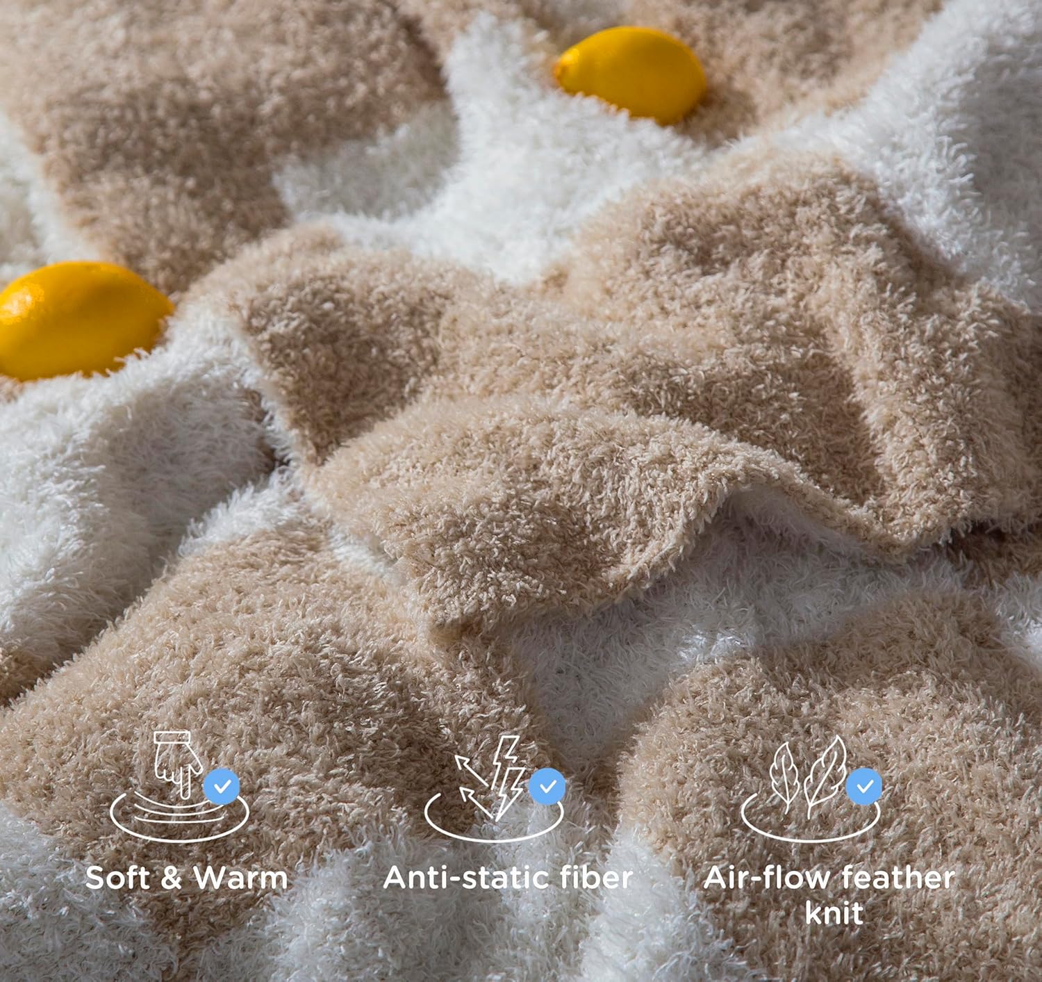 Checkered Queen Blanket for Bed - Super Soft Knit Large Blankets，Fluffy Fuzzy Plush Lightweight Cozy Throw for Sofa ，90"x 90",Light Brown - Image 5