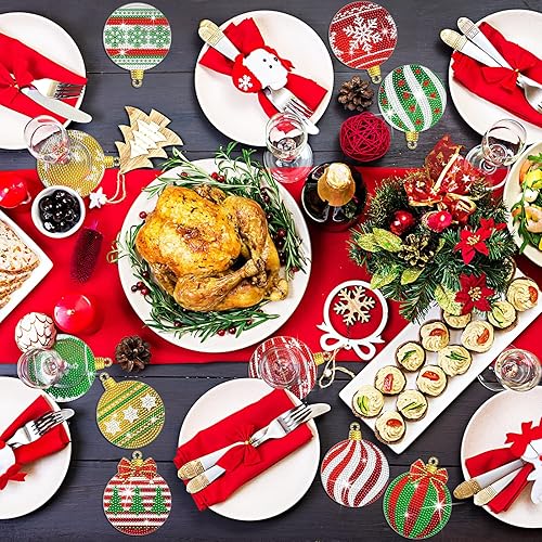 Miniatura 6 de Juego de 10 posavasos de bola de Navidad con diamantes para manualidades, bolas de Navidad, pintura de diamantes con soporte, juego de posavasos de