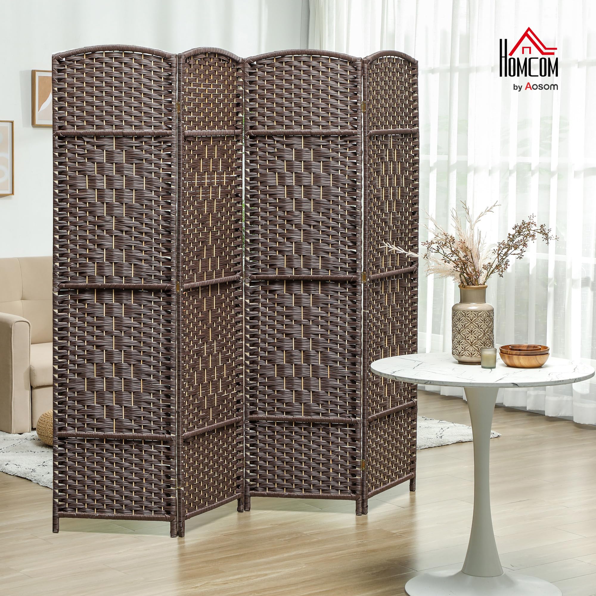 HOMCOM Paravento interno in legno, 4 pannelli, 180 x 180 cm, divisorio pieghevole per soggiorno, camera da letto, casa, marrone