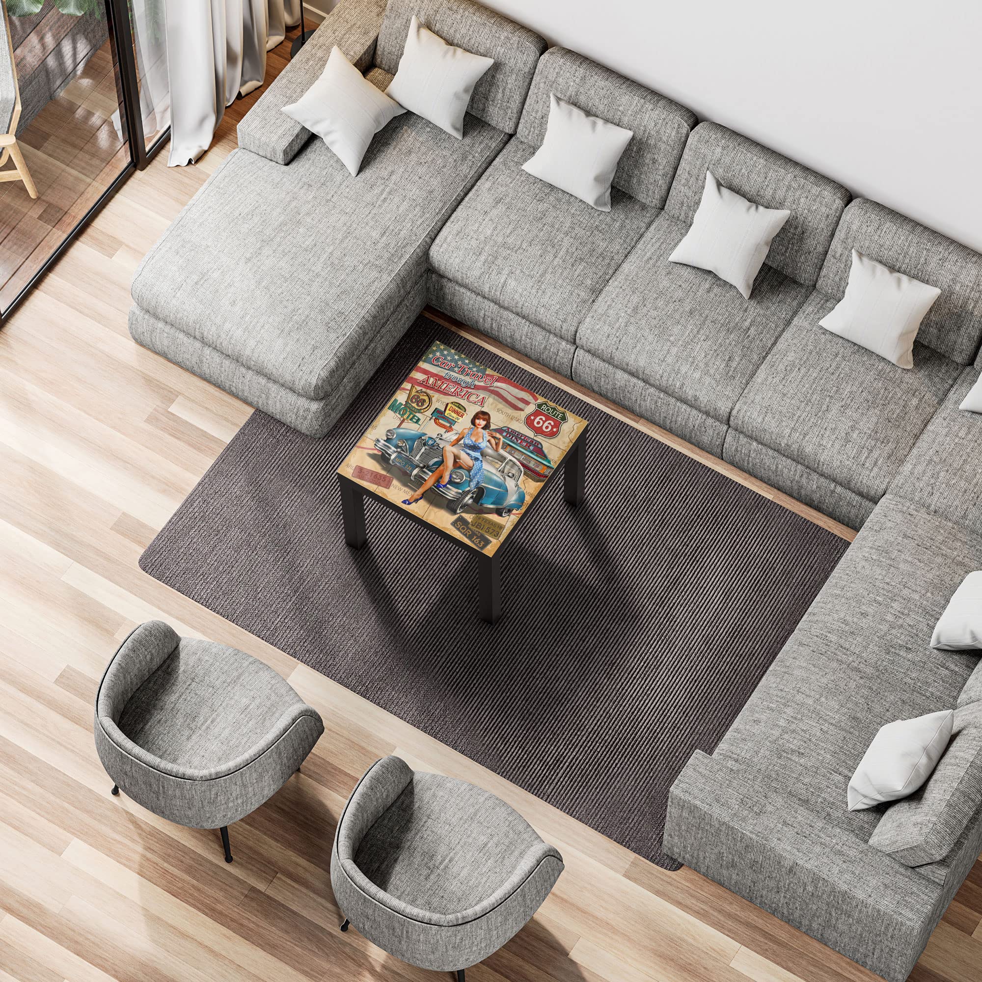 DEQORI Mesa de cristal | negro pequeña 55 x 55 cm | diseño de cartel de la ruta 66 | elegante mesa auxiliar de cristal | mesa de centro brillante para el salón | moderna mesa de sofá con diseño