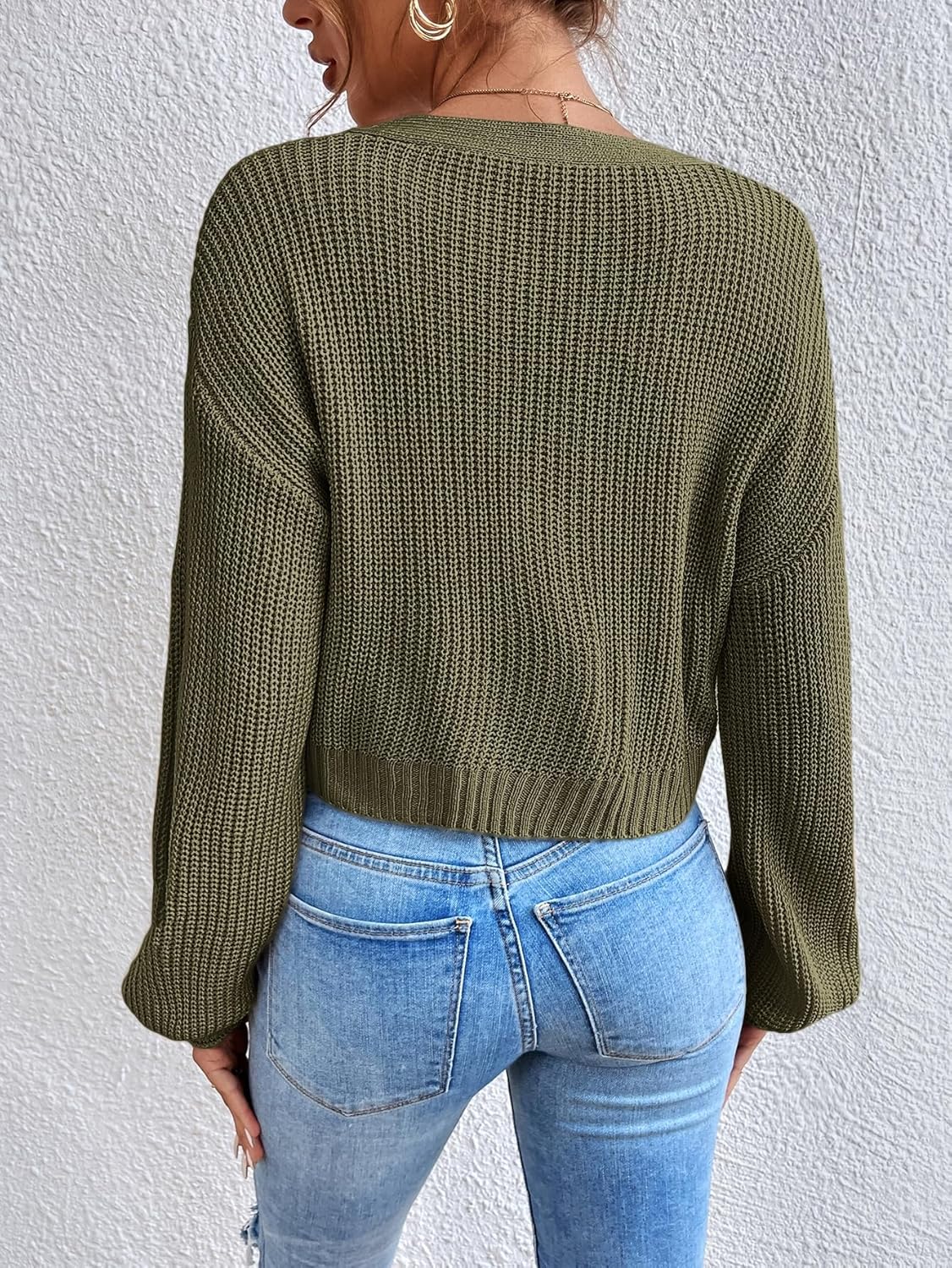 Floerns Women's Solid Long Sleeve Button Down V Neck Cardigan Crop Top Sweater - Image 2