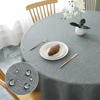 AooHome Round Tablecloth Diameter 140 cm Grey Tablecloths Washable Linen Look Tablecloth Made of Polyester Water-Repellent with Lotus Effect Durable Scratch-Resistant for Living Room Dining Room Balcony Garden