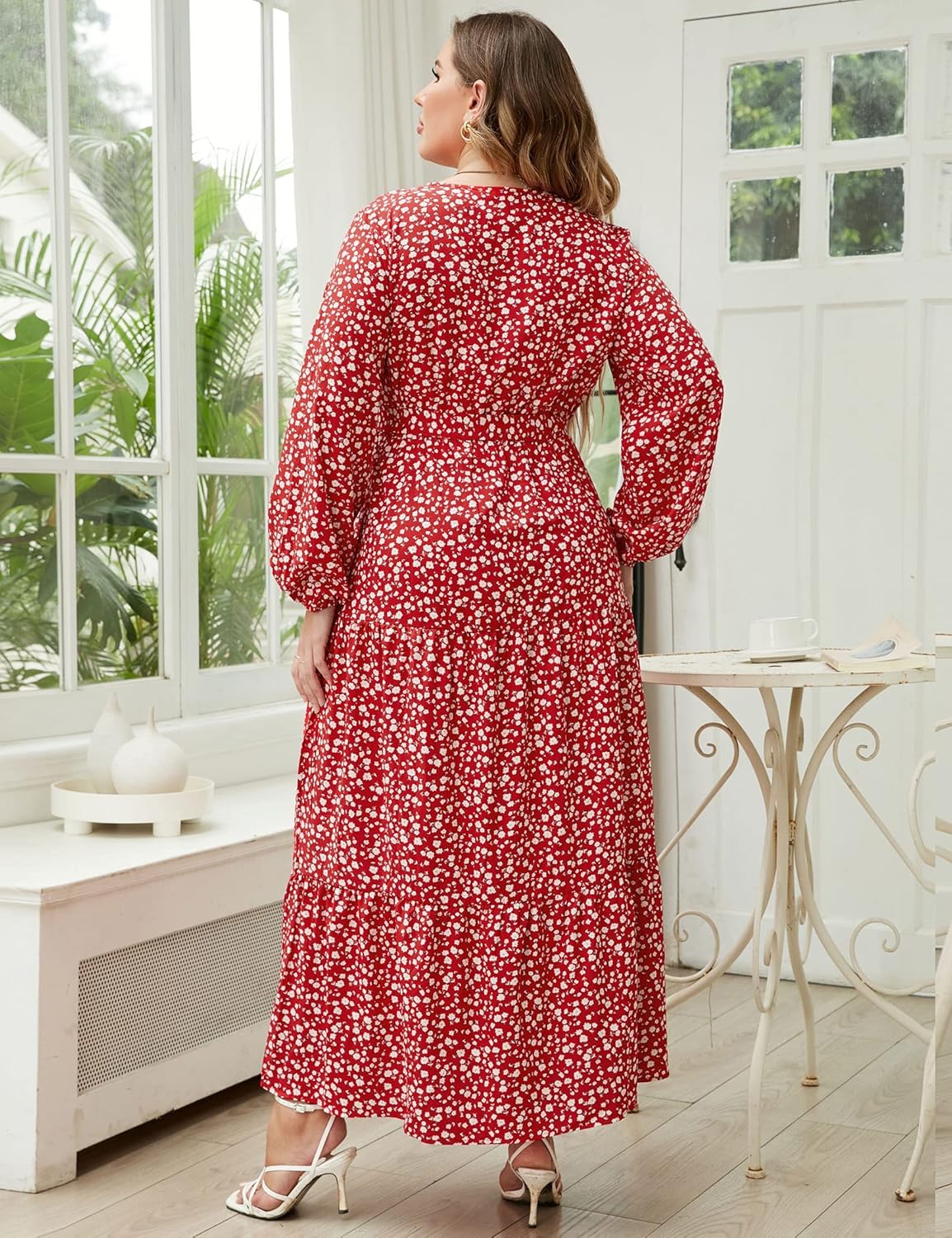 KOJOOIN Women Plus Size V Neck Maxi Dress Wrap Long Sleeves High Waist Ruffle Casual Dress with Belt - Image 5