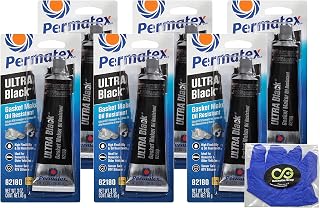 Permatex Ultra Black 82180 3.35Oz Silicone RTV Gasket Maker Pack of 6, Permatex Gasket Maker with Biodegradable Disposable Gloves Bundle(8 Items)