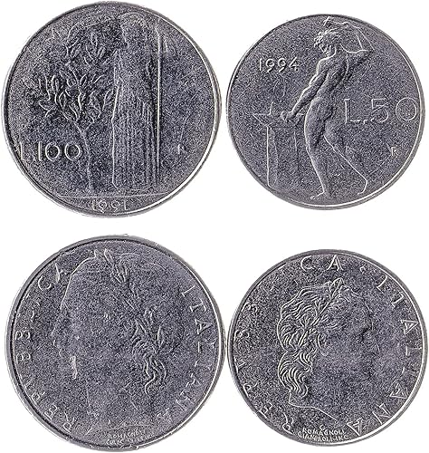 10 Coins de Italia  Colección de Monedas Italianas 1 Lira 2 5 10 20 50 100 200 500 1000 Lire  Circulado 1951 - 2001  Corona de Roble  Oliva  Abeja