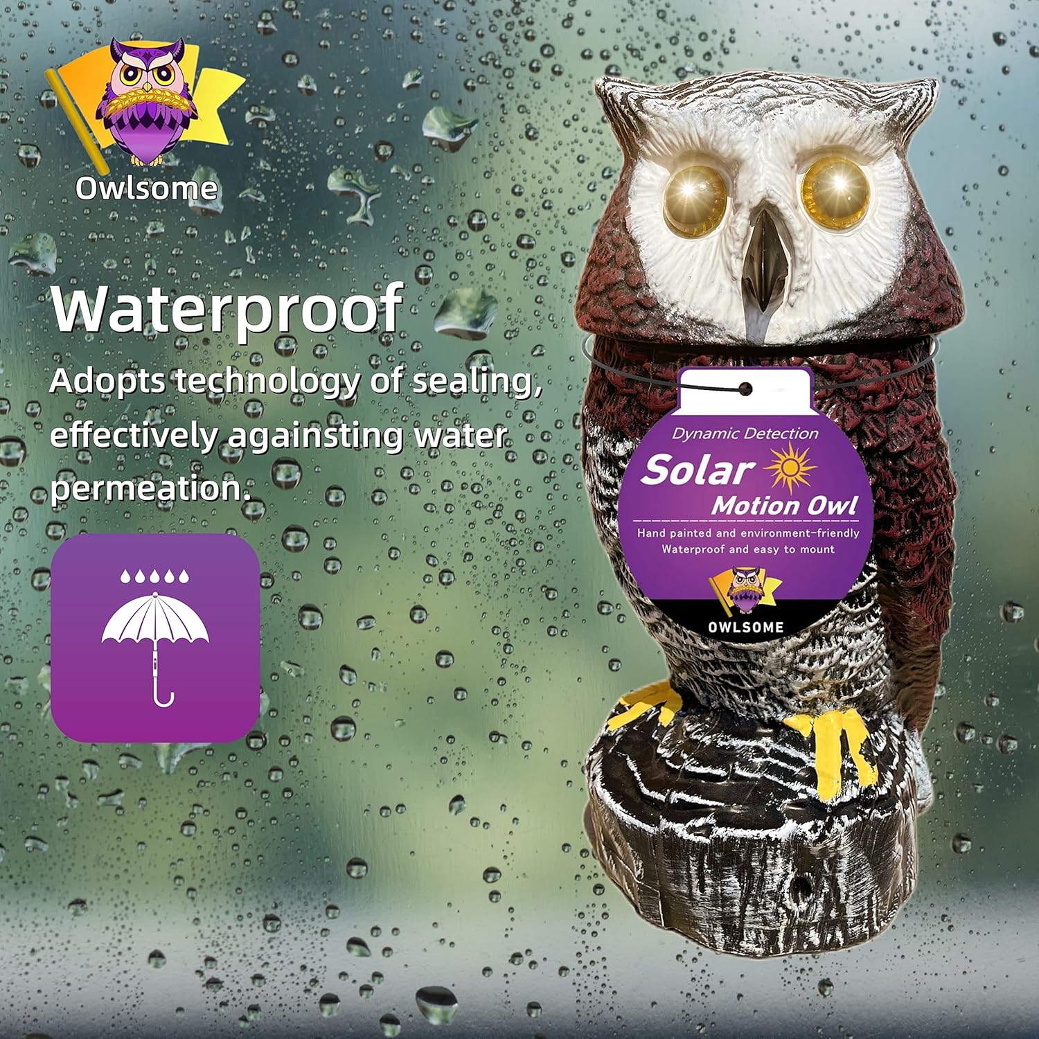 Owlsome Solar Red Owl with Flashing Eyes, Rotating Head, Hooting, Motion Detector and Silent Mode, Plastic Owl Garden Sculpture, Garden Decoration