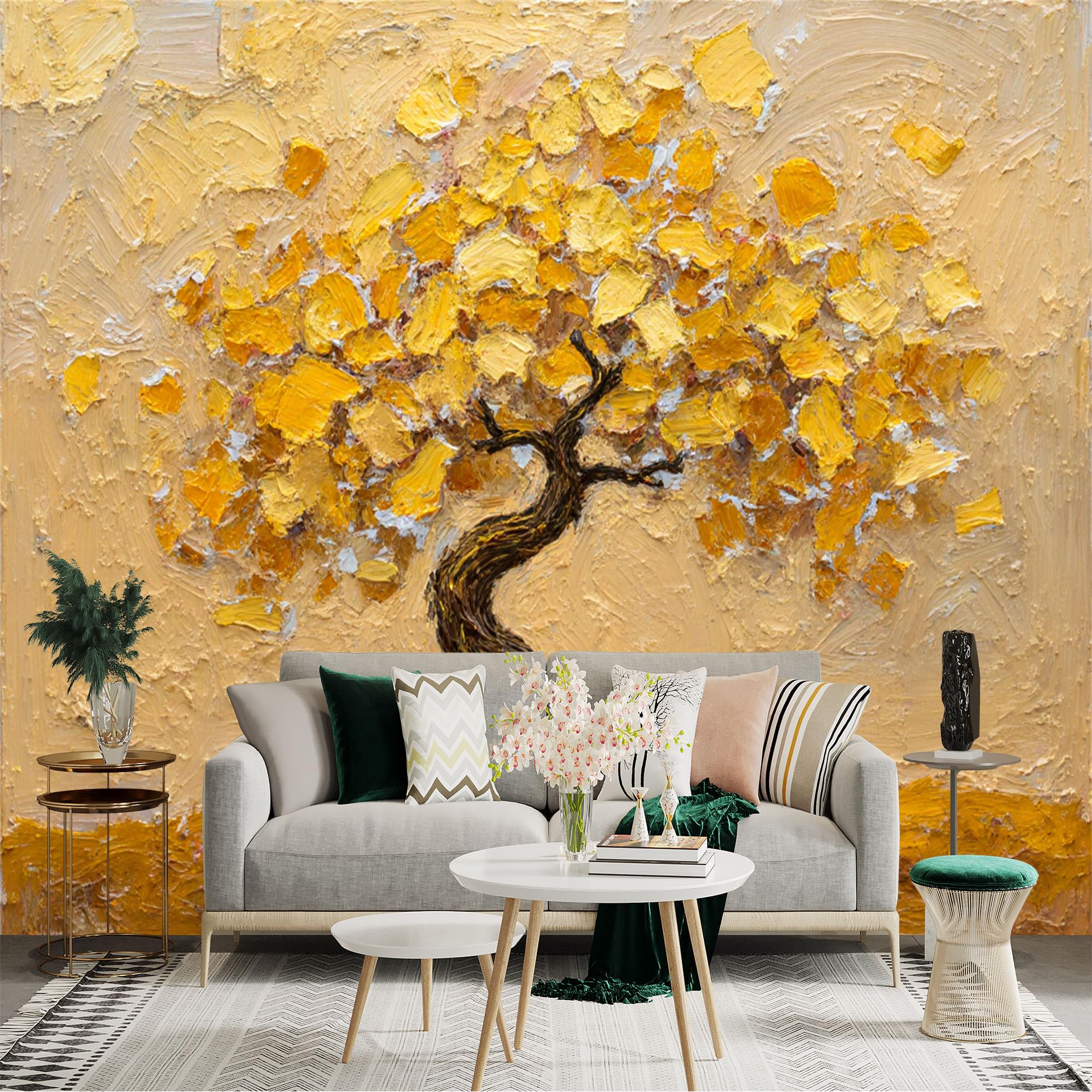 Custom Size Wall Sticker Mural， Abstract Golden Tree， Impasto Palette Knife Texture， Modern Gold Art， for wall Decoration， peelandstick wall Decals.