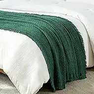 Exclusivo Mezcla Twin Size Knit Blanket with Fringes for Bed, Reversible Super Soft and Warm Woven Throw for Summer, Home Decor, 60"x80", Forest Green