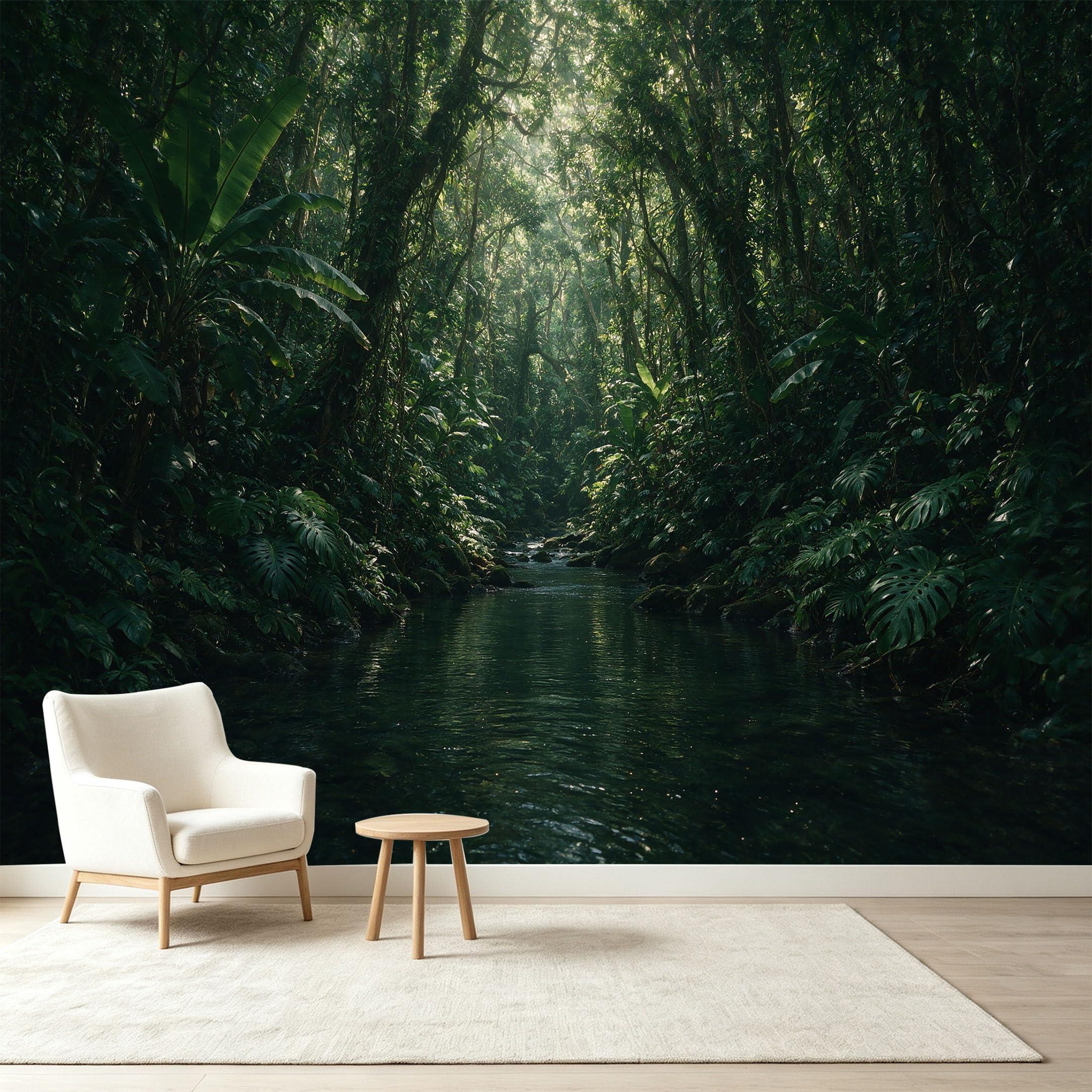 Custom Size Wall Murals Tropical Jungle River Botanical Landscape Self-Adhesive Wall Fabric Removable Wallpaper Wall Decor for Living Room Bedroom Bathroom