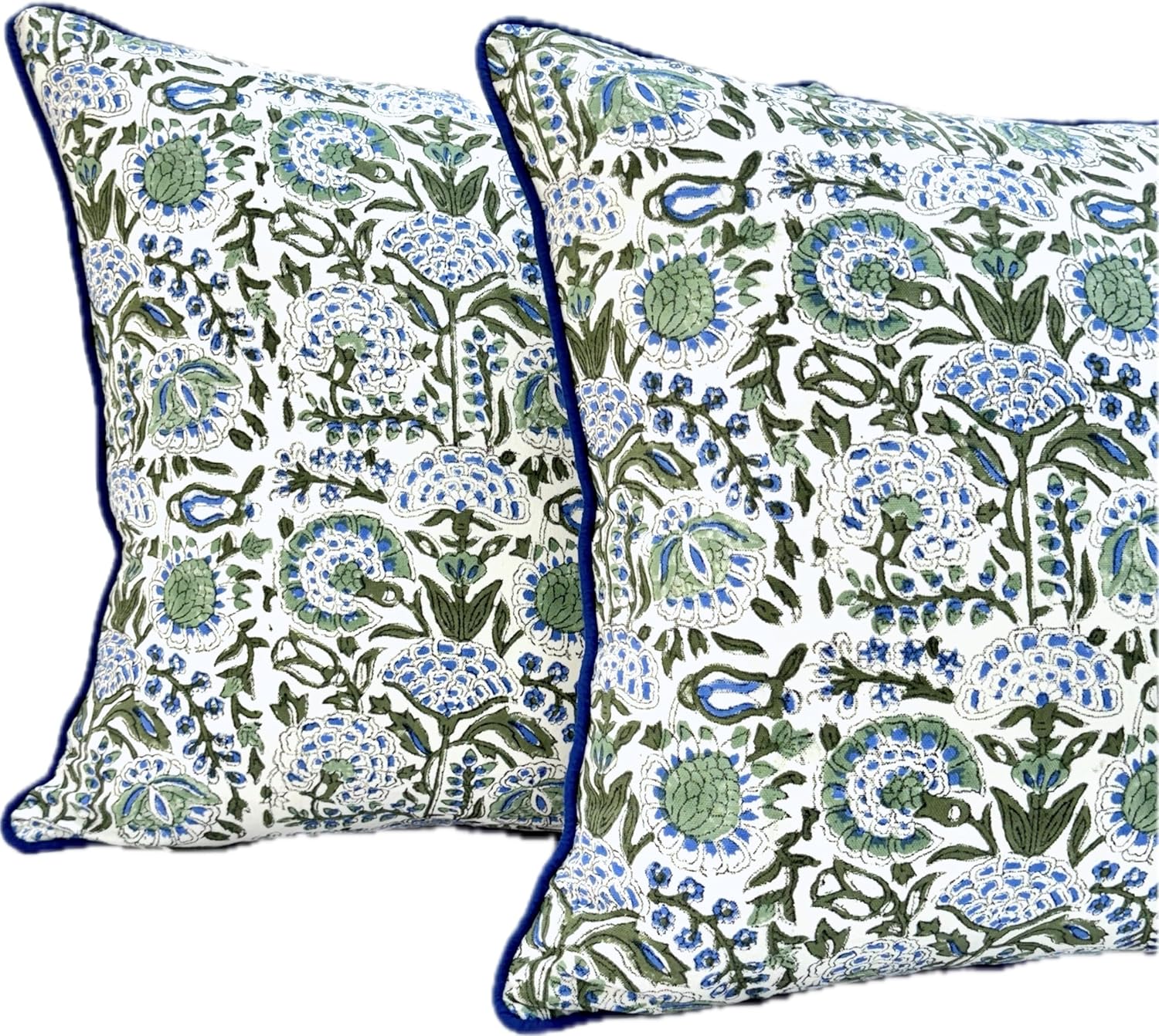 ATOSII Block Print Throw Pillow Covers, 18 X 18 - Set of 2, Decorative Couch Pillows for Living Room Bed Sofa, 100% Cotton Canvas Pillow Case for Home Decor & Outdoors, Preppy Throws - Clover Blue - Image 2