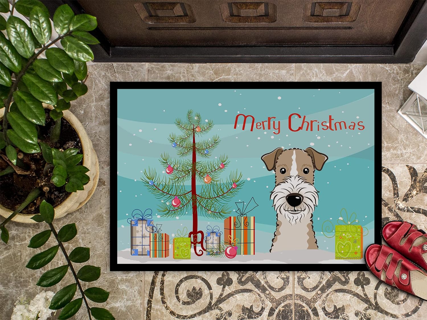Caroline's Treasures BB1619MAT Christmas Tree and Wire Haired Fox Terrier Doormat 18x27 Front Door Mat Indoor Outdoor Rugs for Entryway, Non Slip Washable Low Pile, 18H X 27W