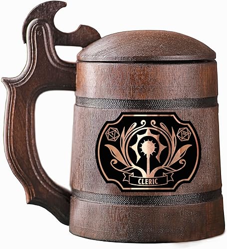 Taza de cerveza de clérigo de Dungeons And Dragons con tapa. Taza de madera personalizada de D&D. Regalo para novio. Stein de madera. Taza de
