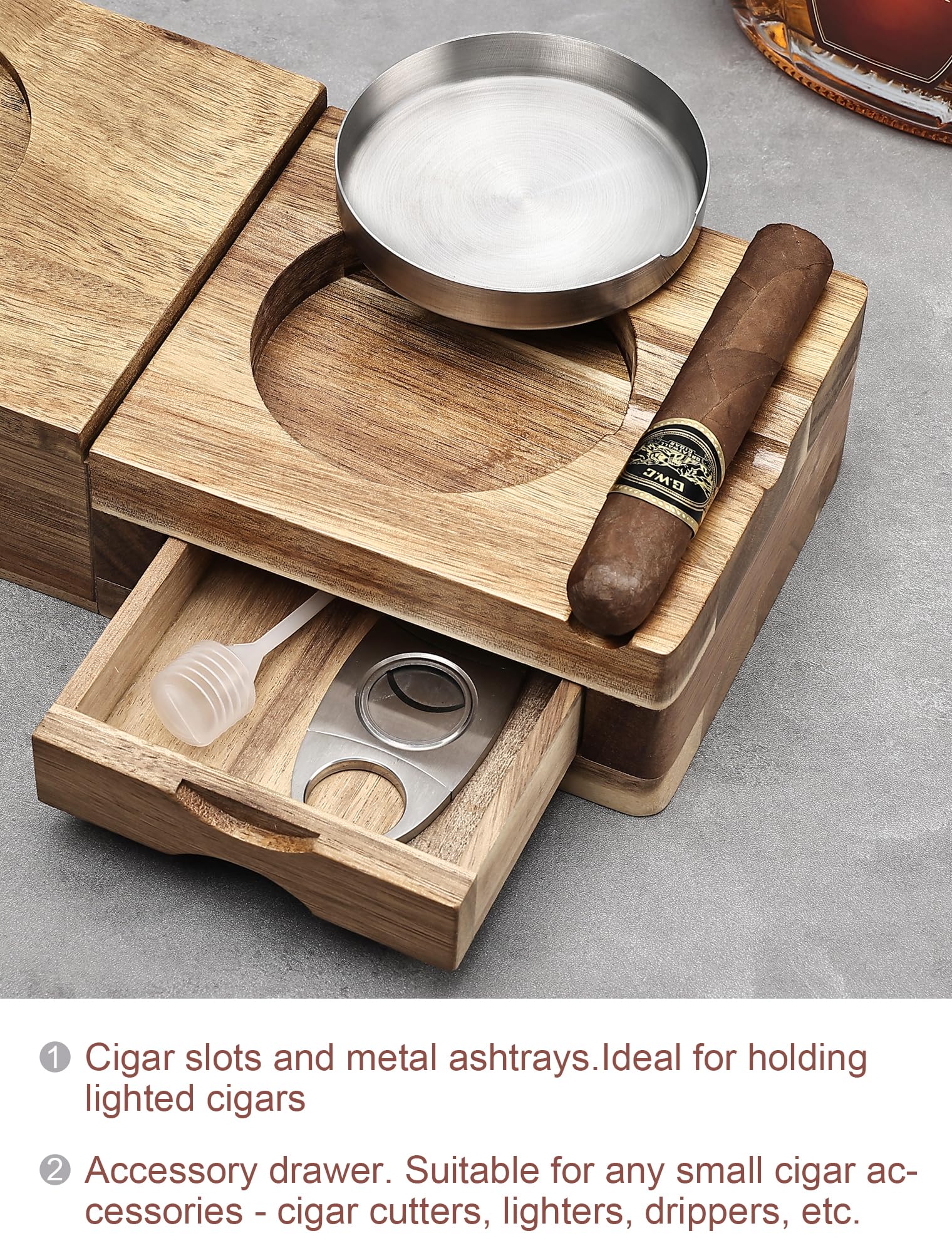 Joyoldelf Set di posacenere per sigari in legno massello, 5 in 1, con supporto per vino, umidificatore per sigari in cedro, posacenere in metallo, fessure, cassetto, accessori per sigari da uomo,