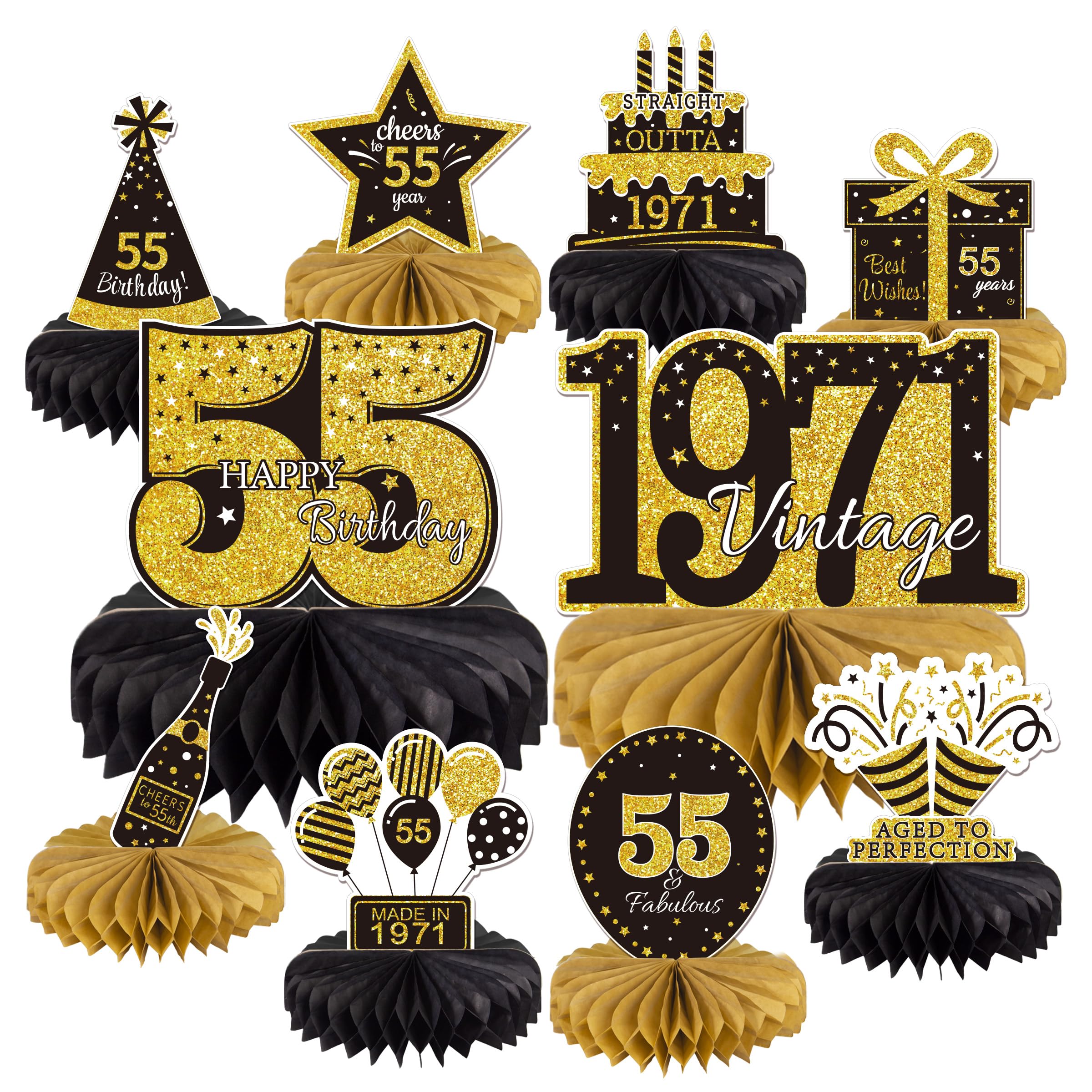 10PCS 55th Birthday Decorations Centerpieces for Table Decorations, 2026 Vintage 1971 Honeycomb Table Topper Back in 1971 Birthday Party Decoration for Men and Women (Gold &amp; Black, 55 Years)