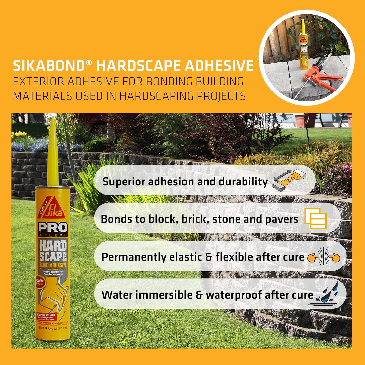 SikaBond Hardscape Adhesive, Gray, Durable and Flexible Outdoor Adhesive for Landscape Projects, 10.1 fl. oz Cartridge - - 