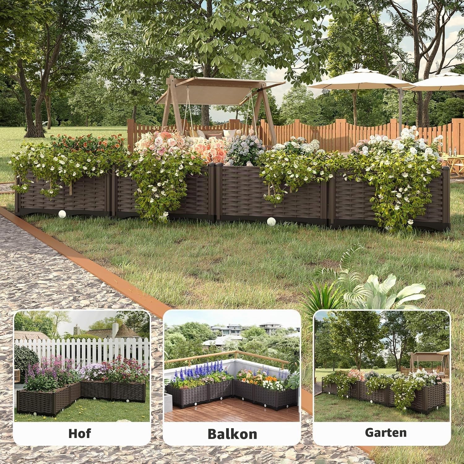 Blumenkasten mit Wasserablauf, 4 Stück Hochbeet, Rattanoptik Garten Pflanzkasten,160 * 40 * 20 cm Gemüsebeet Blumentopf Pflanzkübel für Terrasse, Garten, Eingangsbereich, Braun