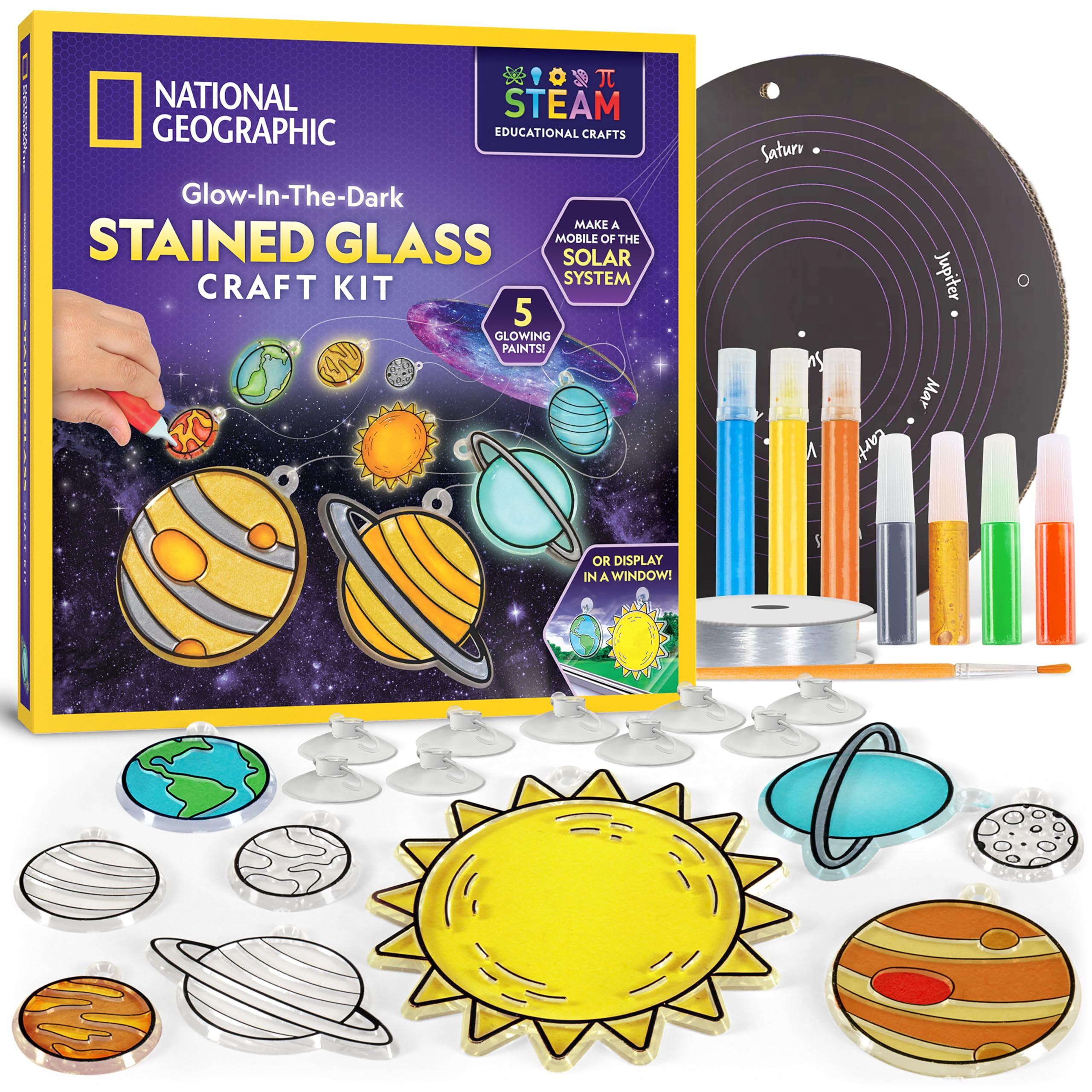 NATIONAL GEOGRAPHIC Kids Window Art Kit, Stained Glass Solar System Arts & Crafts Kit with Glow in the Dark Planets