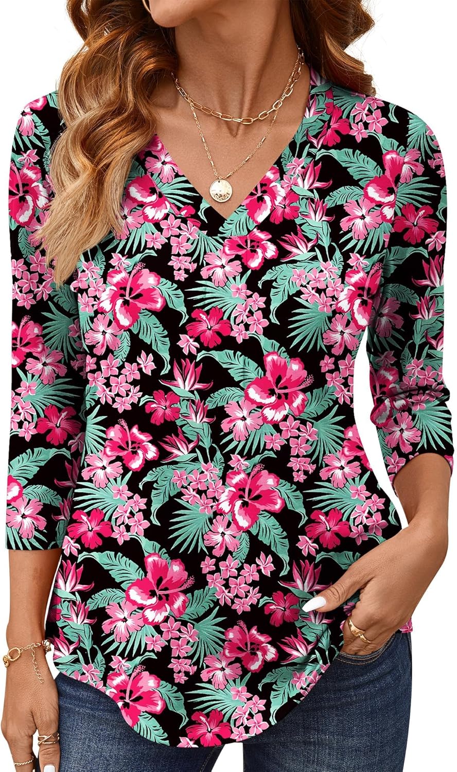 AKEWEI 3/4 Length Sleeve Womens Tops V Neck T Shirts Dressy Casual Pleated Spring Fashion 2026 Work Blouses - Image 2