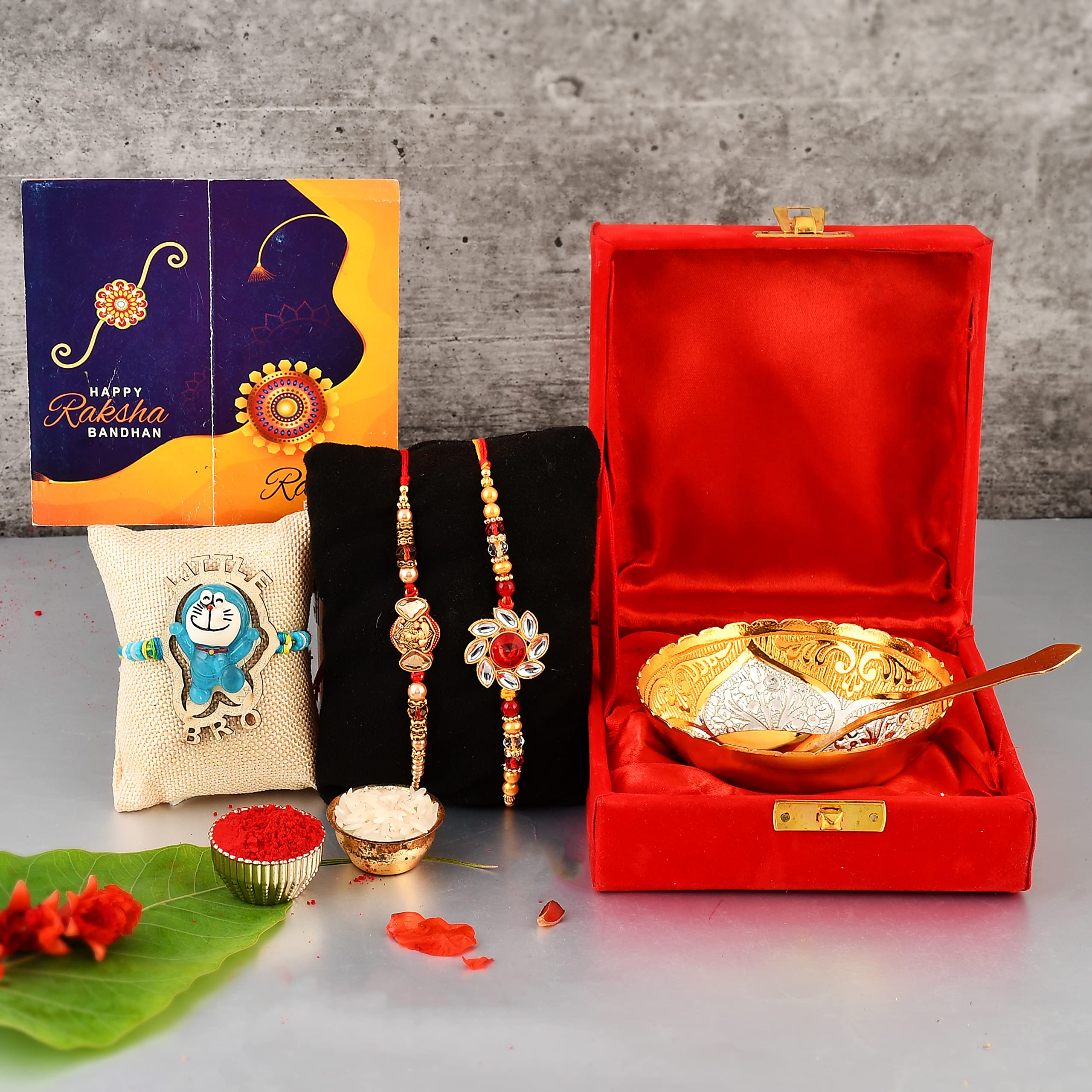 Yalambar Rakhi Gift Hamper for Brother & Gift for Brother and bhabhi [Rakhi for Brother Combo - Rakhi with Brass Bowl with Velvet Box, Tilak Material & Greeting Card]YAL-02-802