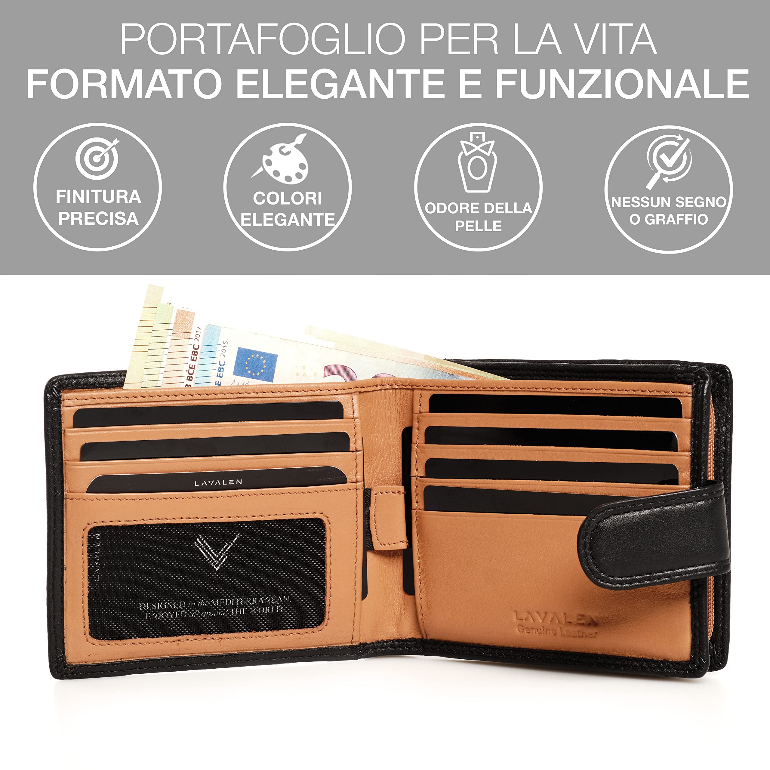 Lavalen® Portafoglio Uomo Pelle Vera con Blocco RFID - Portamonete Uomo con Cerniera Fatto a Mano - Portafoglio Ragazzo Grande Capacità - Portafoglio Porta Carte di Credito Regalo Uomo Perfetto.