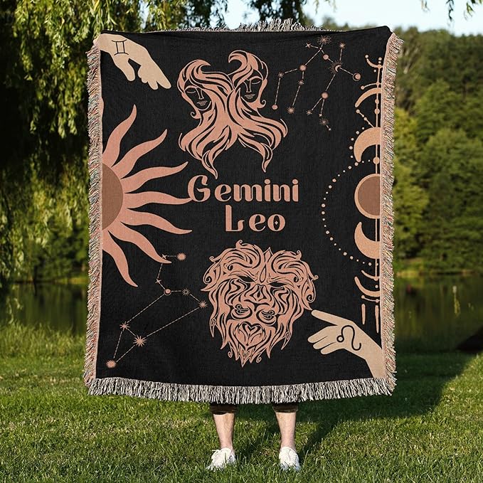Throw Blanket, 100% Cotton Woven, Zodiac Compatibility Sign, Astrology Decor Woven Tapestry, Gemini & Leo Horoscope Match 2-Inch Fringe Detail, Vintage Aesthetic Multiple Sizes 50 x 60