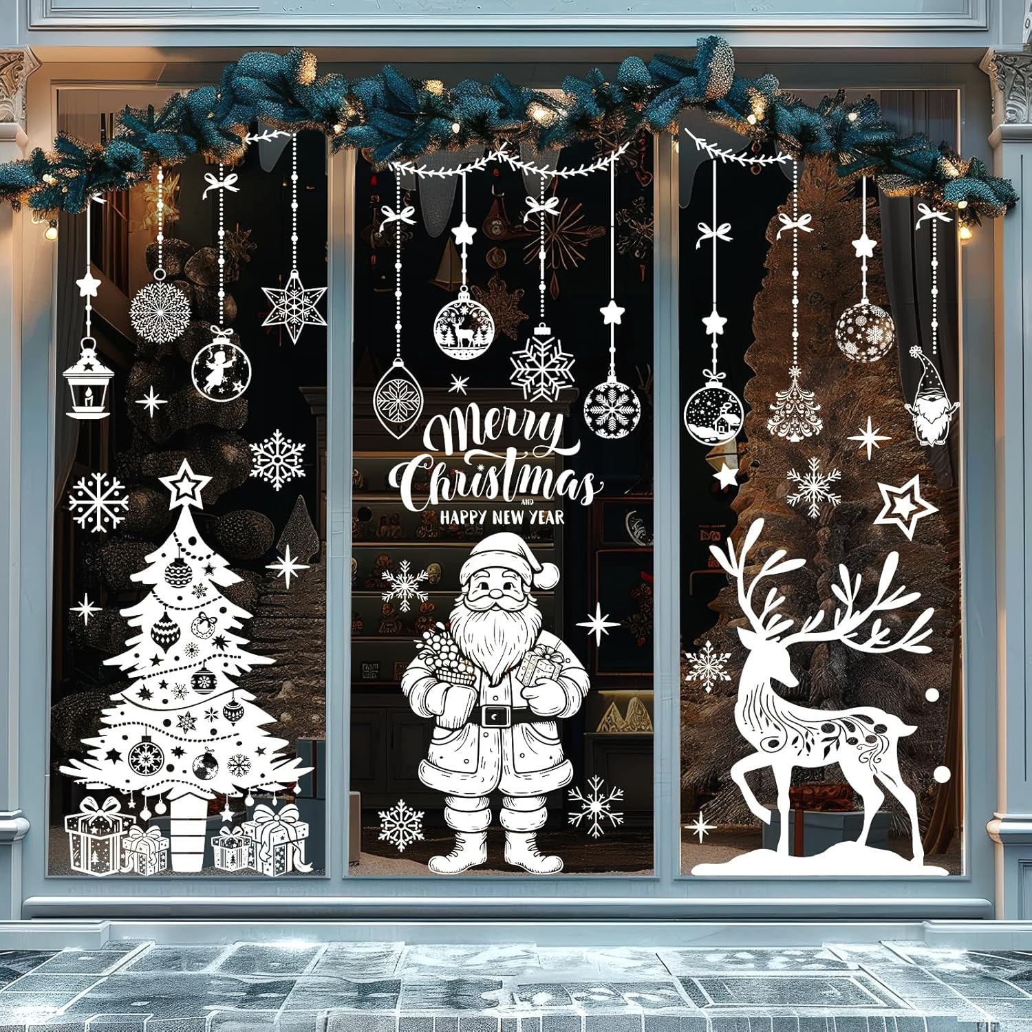 Stickers Noel Fenetre 118 PCS,Deco Fenetre Noel Electrostatique XXL,Grand Autocollant Noël Vitre Reutilisable,Décoration Fenêtre Bleu PVC Arbre De Noël Renne Pour Decoration Noel Interieur Maison