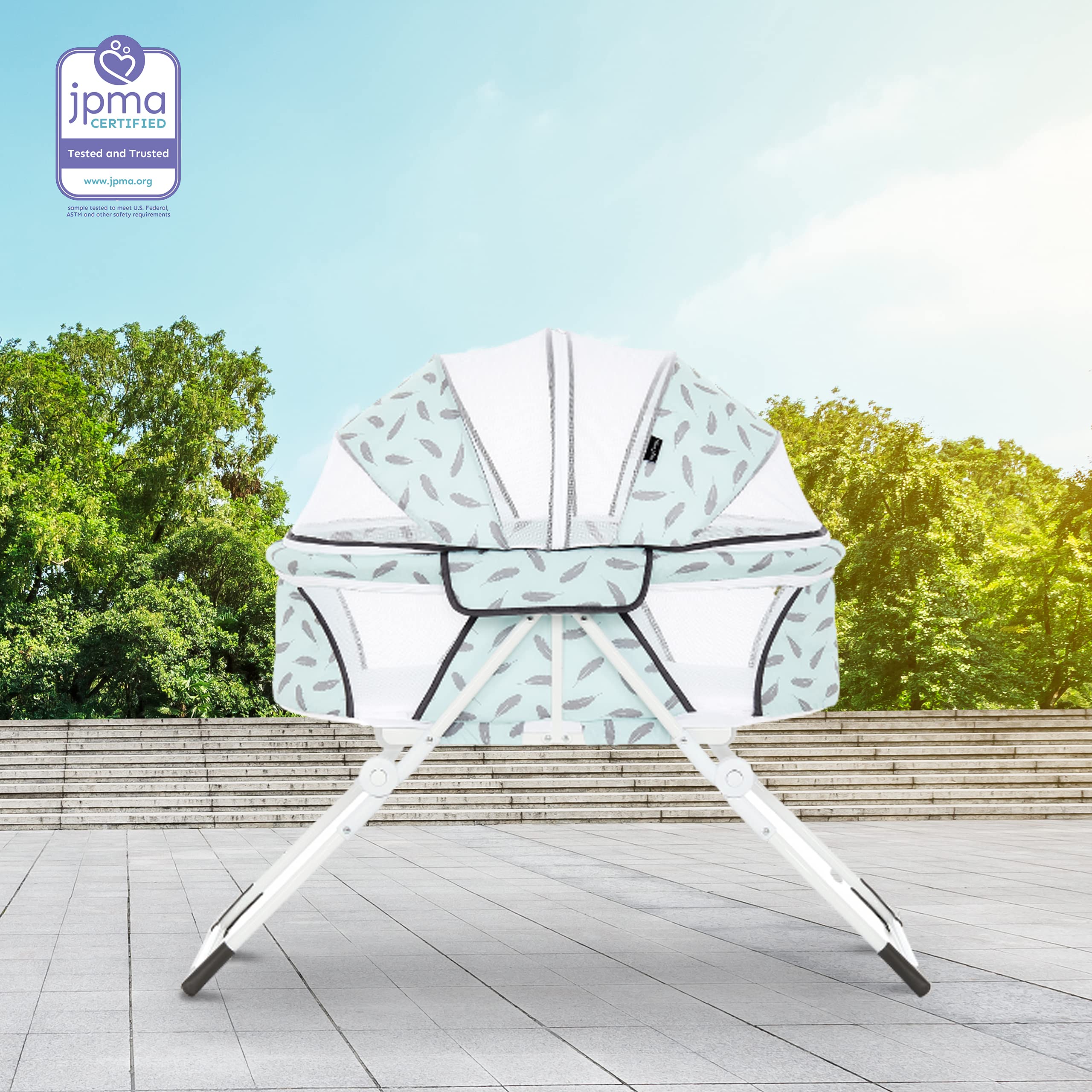 Dream On Me Karley Plus Portable Quick Fold Bassinet with Removable Canopy in Ice Blue