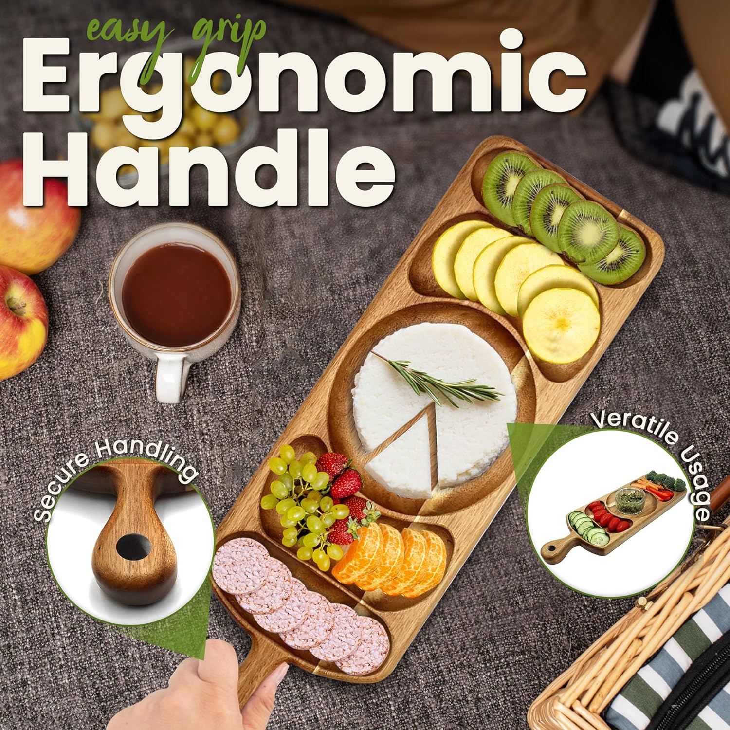 Reversible Acacia Wood Serving Platter with Handle – Premium Wooden Tray for Charcuterie, Crackers, Cheese, Fruit, Veggies, Appetizers & Snacks – Party Serving Tray & Travel Charcuterie Board - Image 6