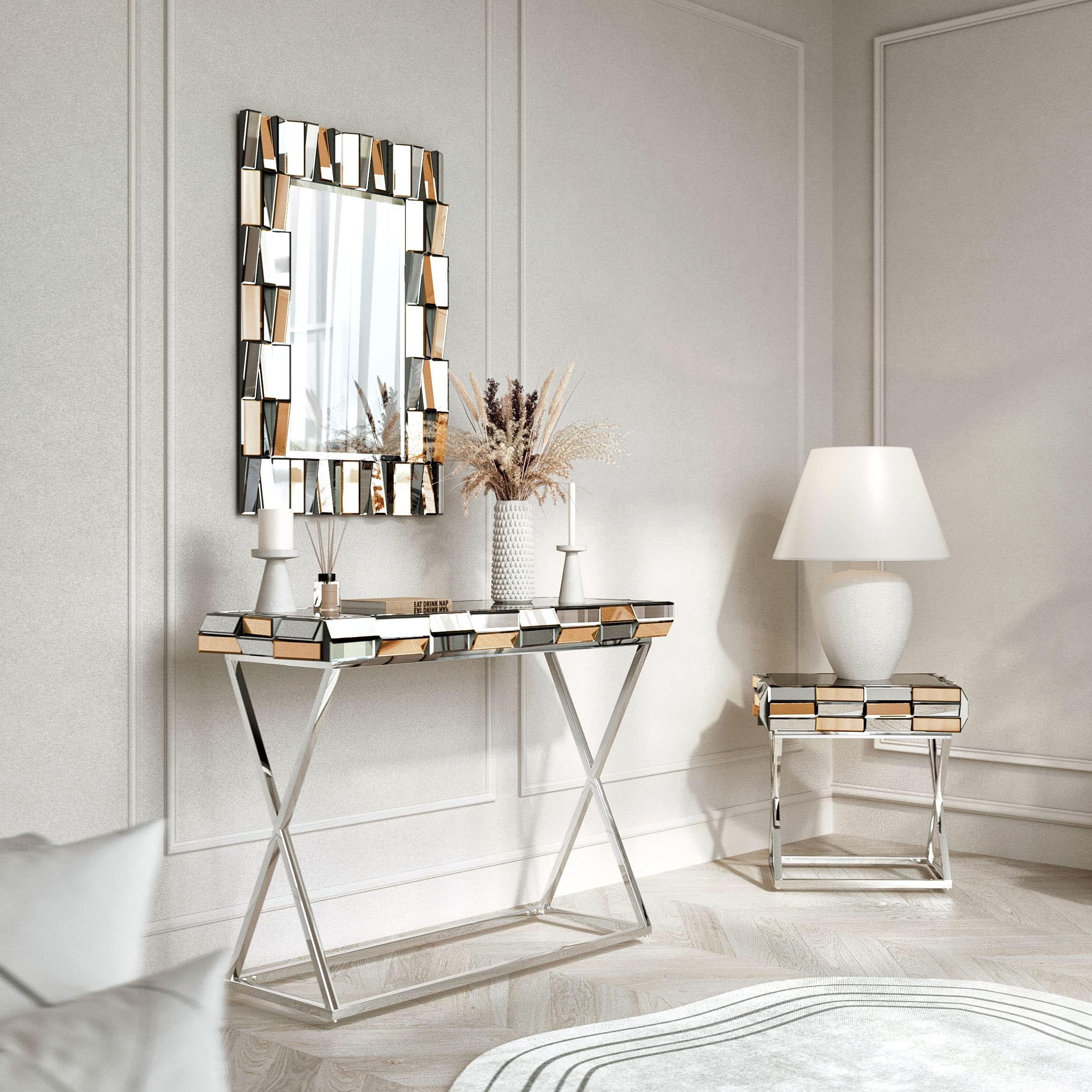 CARME Knightsbridge Collection - Wall Mirror - Mirrored Console Table - Mirrored Side Table With Drawer Combo Glass Furniture (Set 3 Rectangle Mirror + Console & Side Table Gold)