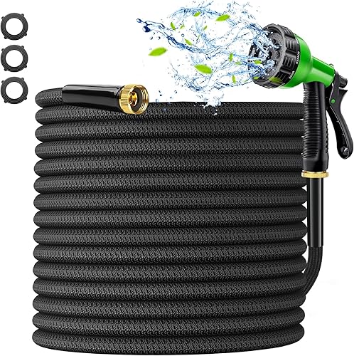 Manguera de jardín de 100 pies, manguera de agua de 100 pies con boquilla de 10 patrones, sin torceduras, ultraligera, a prueba de fugas, resistente