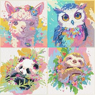 4-Pack Animal Diamond Art Kits for Kids Ages 4-12 – Full Round Drill DIY Gem Painting with Llama, Owl, Panda & Sloth, 6x6 Inch Cute Wall Decor Craft for Girls & Boys