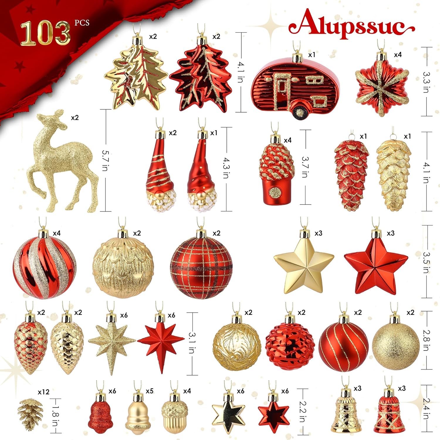 Alupssuc 103pcs Christmas Balls Ornaments Set, Gnome Christmas Tree Decorations with Hanging Strings, Shatterproof Plastic Baubles for Xmas Tree Holiday Wedding Party Decorations, Red and Gold