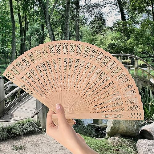 Miniatura 6 de DIKNAAM Paquete de 40 ventiladores de sándalo, ventilador plegable de madera, ventilador de madera calada personal de sándalo chino para bodas,