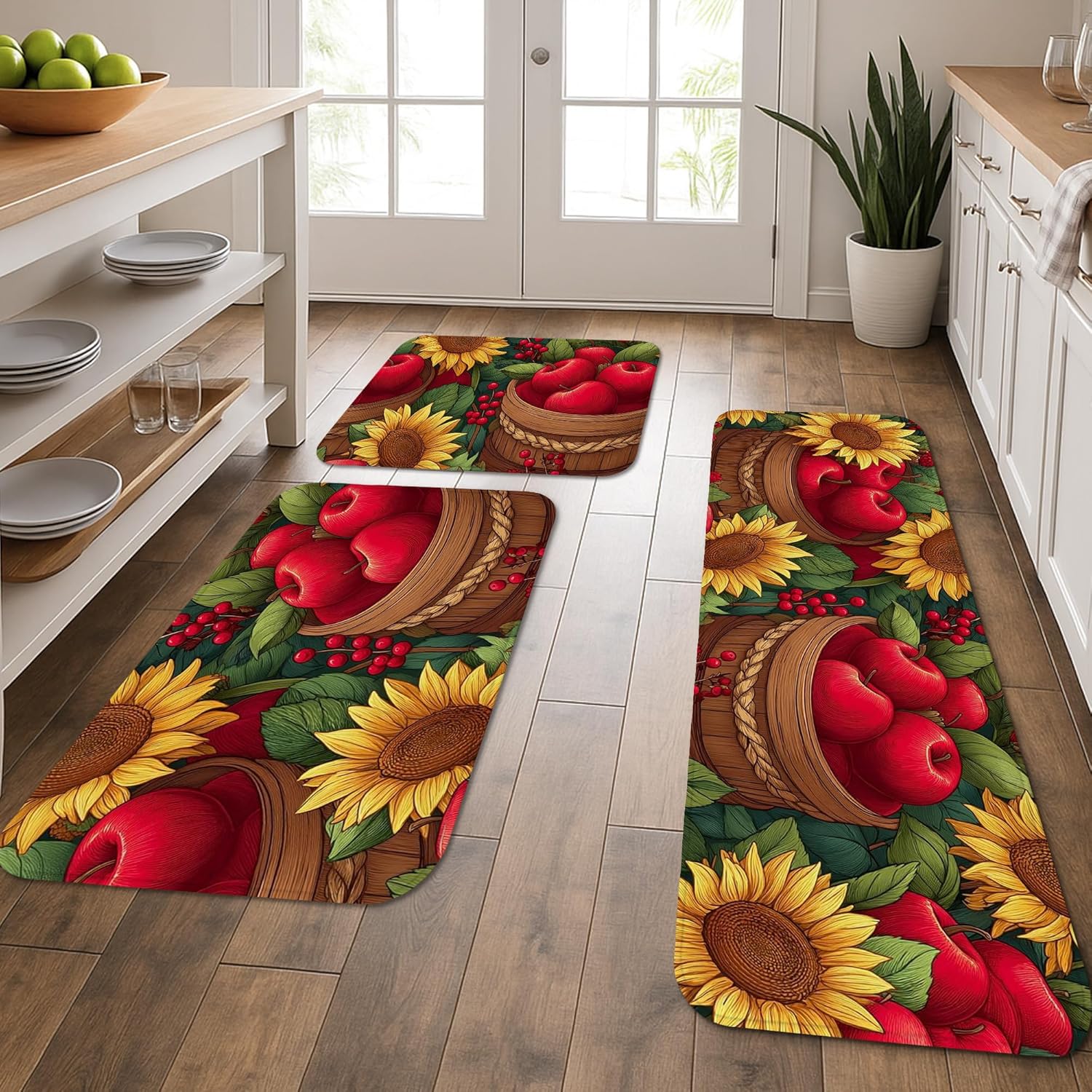 Fruit Kitchen Mats for Floor, Red Apples Sunflower Vintage Soft Mats, Cushioned Comfort Washable Non Slip Decor Rugs for Kitchen Sinks Laundryroom Bathroom 3Pcs