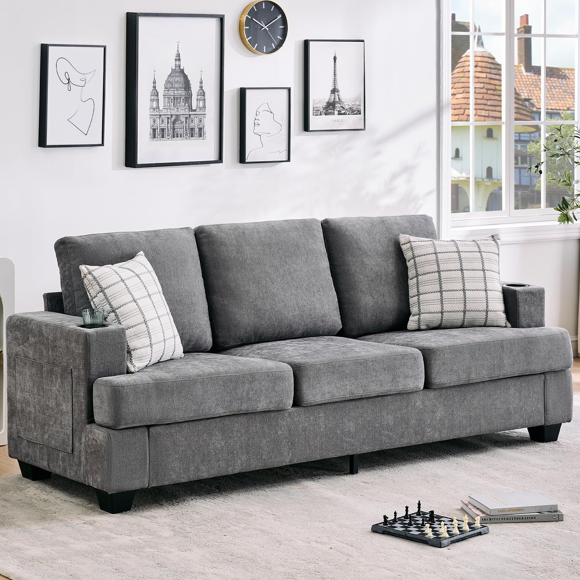 View 1 of *** MISSING PARTS FOR PARTS ONLY**TRUCK/TRAILER PICKUP ONLY**** GarveeHome Modern 89 in 3-Seater Sofa for Living Room, Comfy Couches with Deep Seat, Chenille Couch with Cup Holders and Side Storage Pockets for Apartment Lounge, Grey