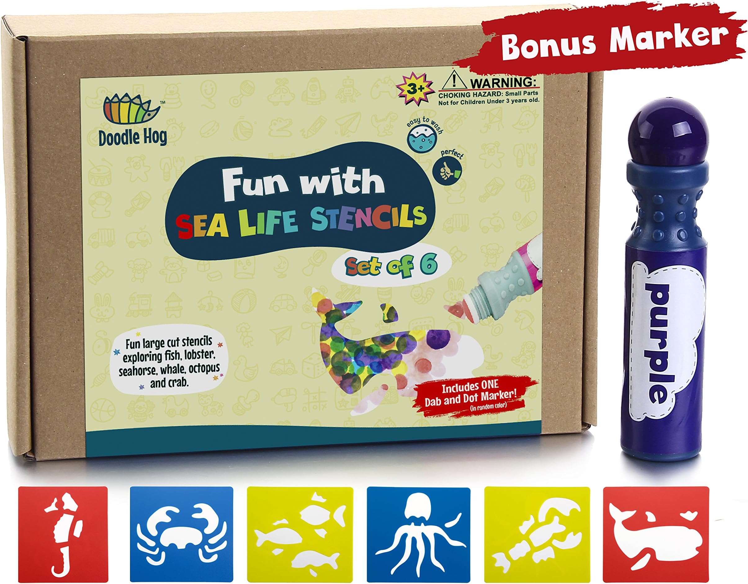 Sea Life Stencils + Dab and Dot Marker, Preschool washable fun large cut stencils exploring fish, lobster, seahorse, whale, octopus and crab.