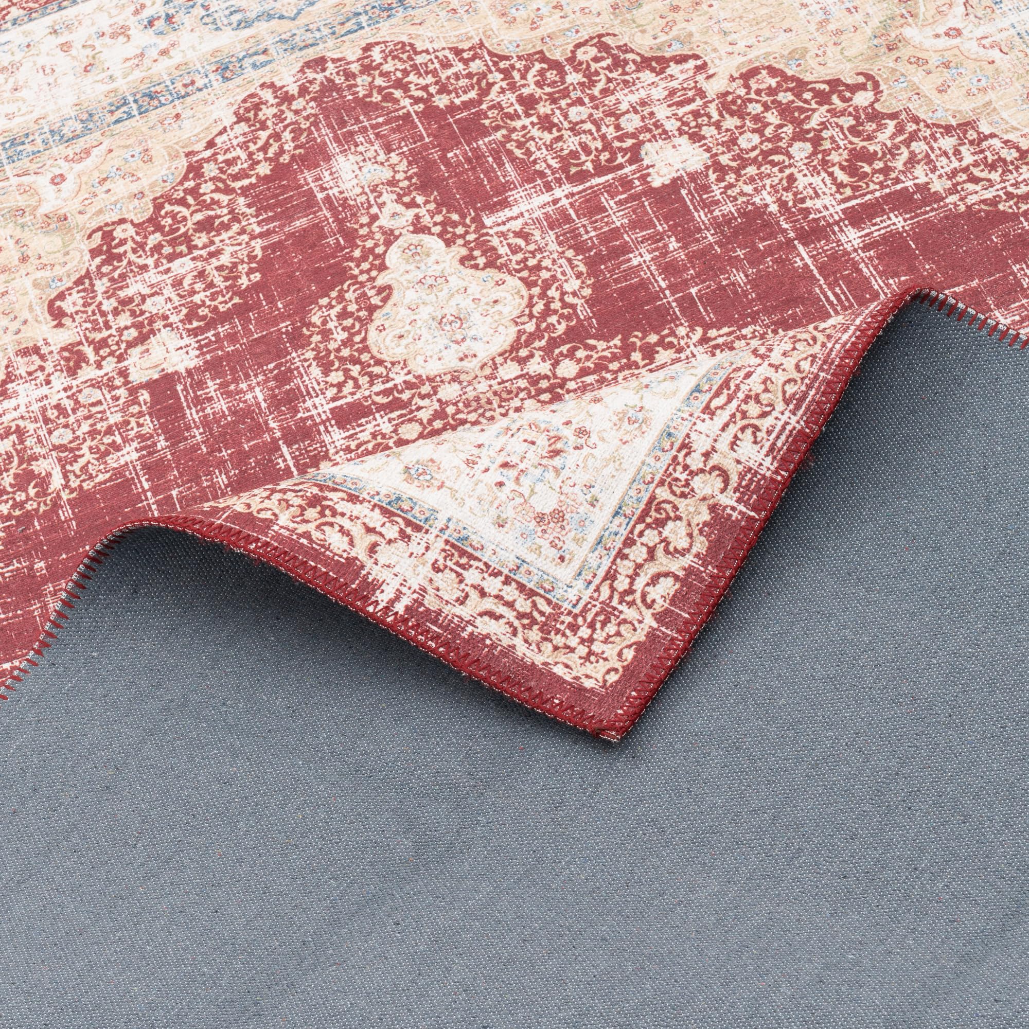 Pergamon Vintage Designerteppich Flachgewebe, Pflegeleicht, Used-Look, Teppich Finesse Orient Rot Medaillon in 5 Größen