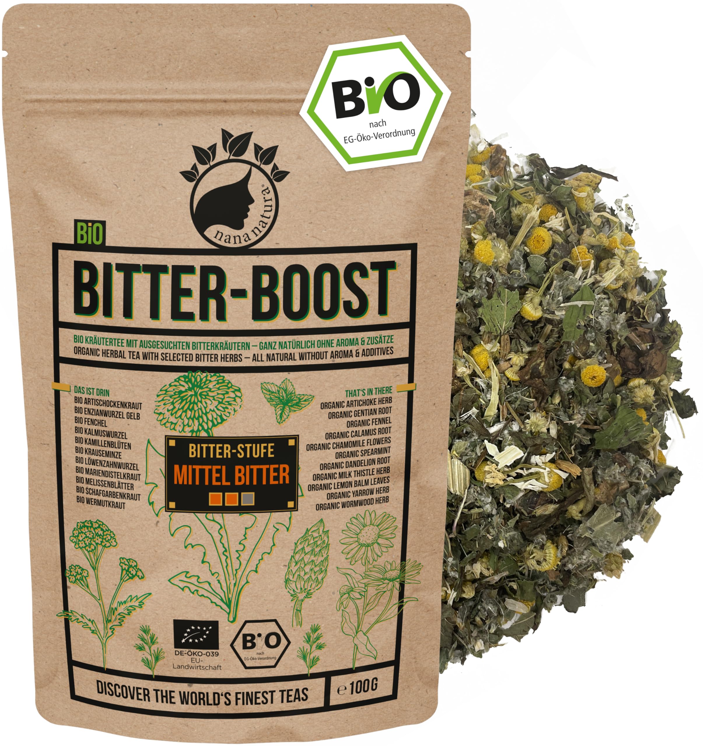 NanaNatura's BIO Bittertee BITTER-BOOST 100g für Erwachsene bei Stresssituationen mit 11 Bio-Kräutern | EU Organic