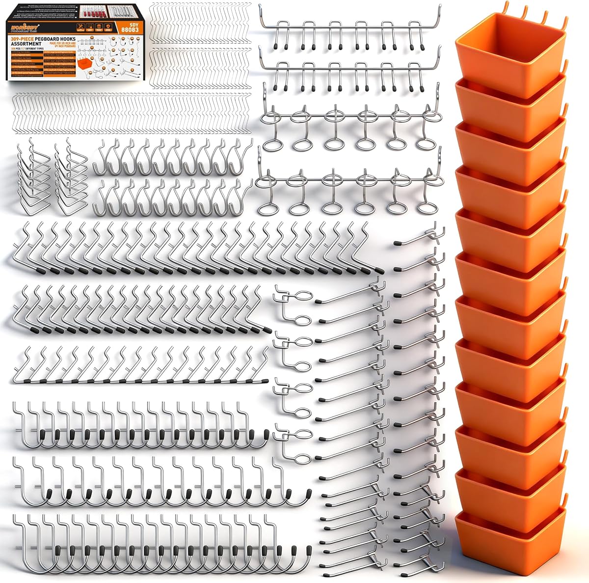HORUSDY Kit surtido de ganchos para tableros perforados, 309 piezas, 17 tipos de ganchos resistentes para tableros perforados y accesorios organizadores, se adapta a ganchos de pared de metal duraderos para tableros perforados de 1/8 y 1/4 de pulgada para garaje, cocina y taller