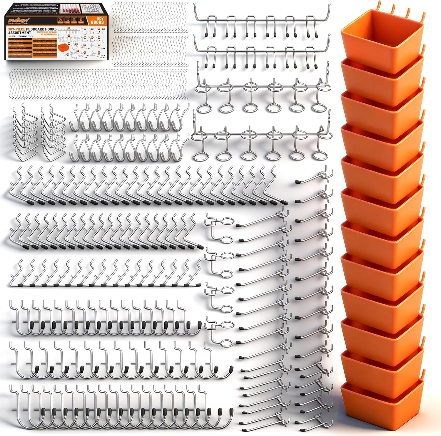 HORUSDY 309 PCS Pegboard Hooks Assortment Kit – 17 Types Heavy Duty Peg Board Hooks & Organizer Accessories – Fits 1/8 & 1/4 Inch Pegboard Durable Metal Wall Hooks for Garage Kitchen Workshop