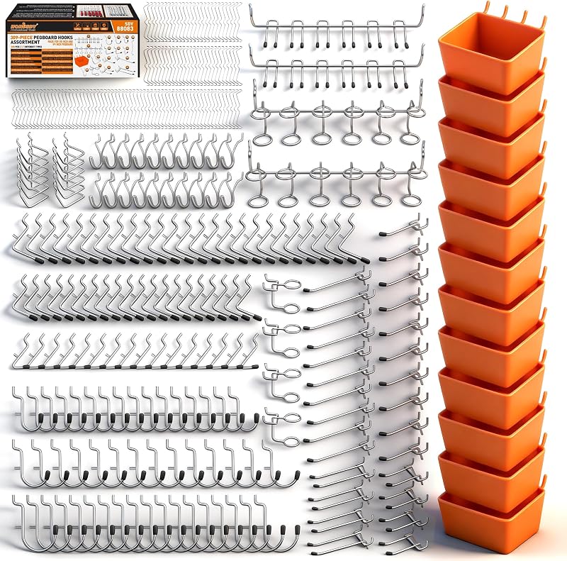 HORUSDY 309 PCS Pegboard Hooks Assortment Kit – 17 Types Heavy Duty Peg Board Hooks & Organizer Accessories – Fits 1/8 & 1/4 Inch Pegboard Durable Metal Wall Hooks for Garage Kitchen Workshop