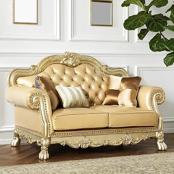 Acme Dresden Loveseat w/3 Pillows in Bone Synthetic Leather & Gold Patina
