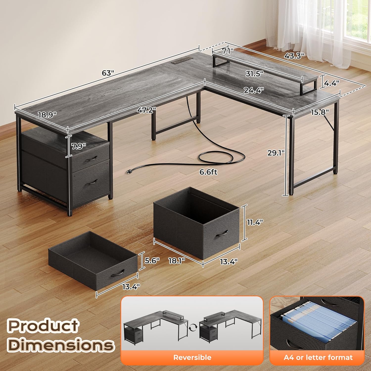 praisun 63 inch l shaped desk with power outlets and usb-c port, computer corner home office desk with file fabric drawers and movable monitor stand, larger storage, gaming, writing, work, grey 63 inch grey