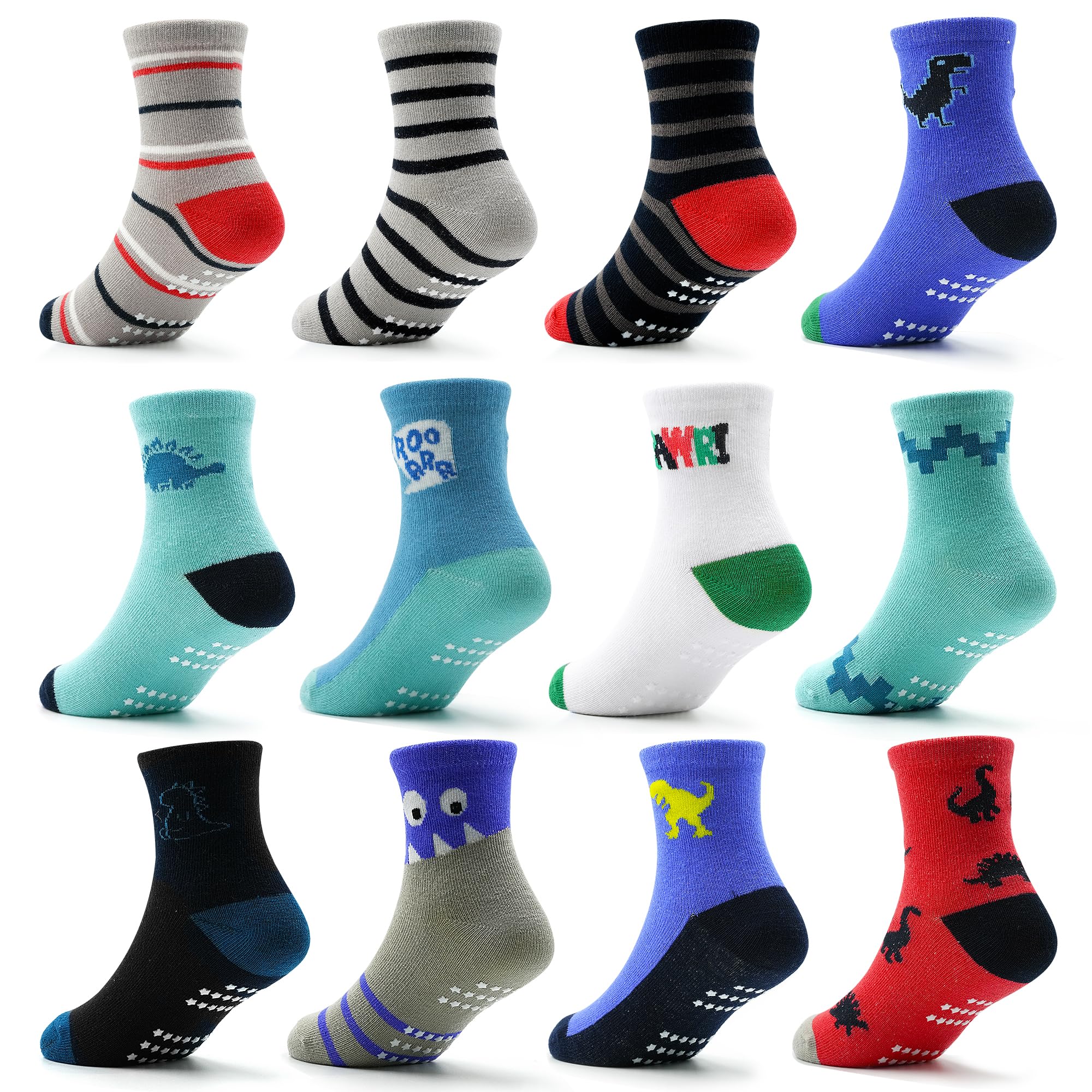 Toddler Grip Socks 12 Pack Non Slip Grips Crew Socks for 1-7 Years Infant Baby Boys Girls Kids