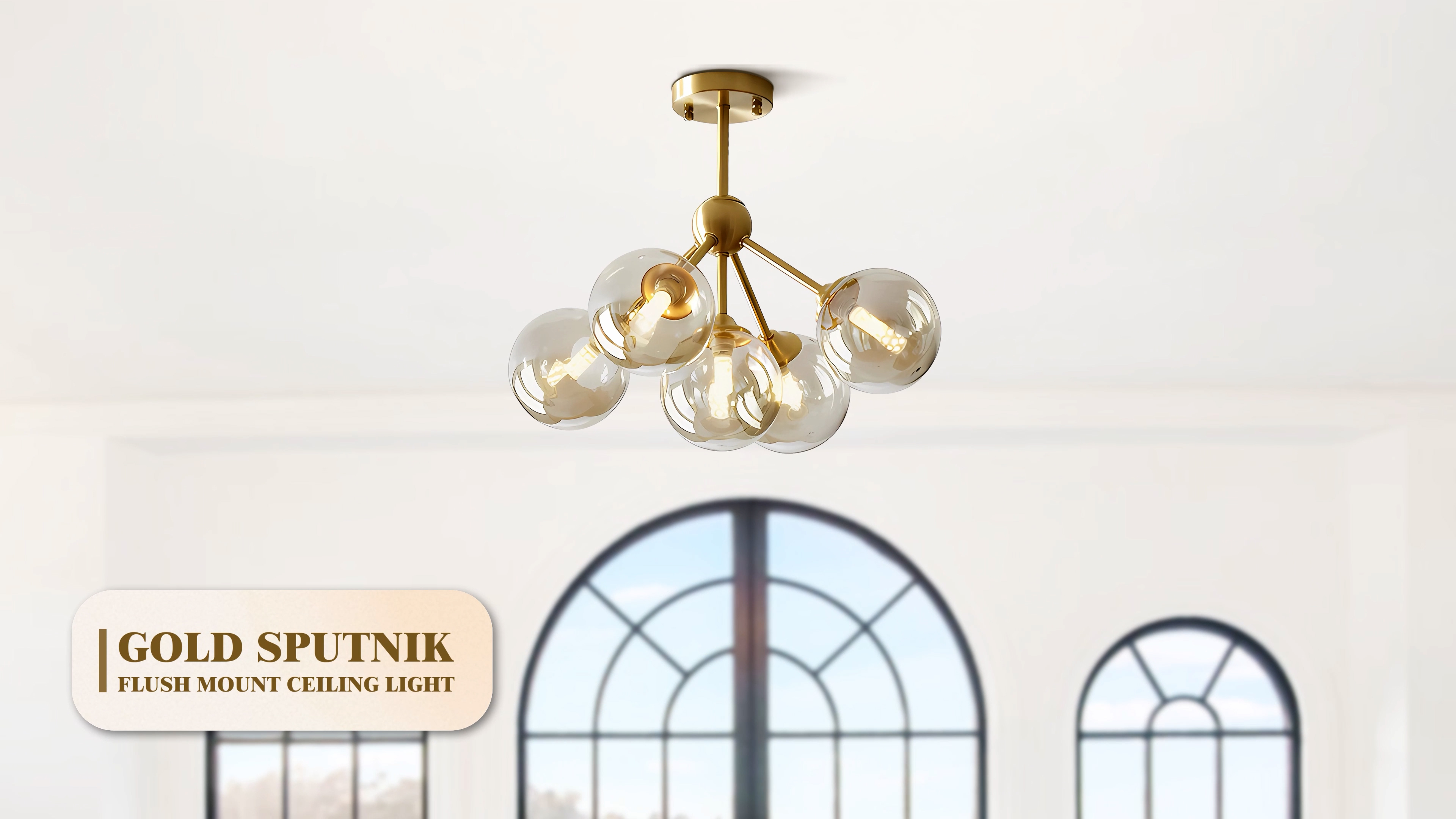 Image of KCO Lighting 5-Light Amber Glass Globe Chandelier Brush Gold Semi Flush Mount Ceiling Light Mid-Century Modern Close to Ceiling Light for Living Room Bedroom Foyer (5-Light)